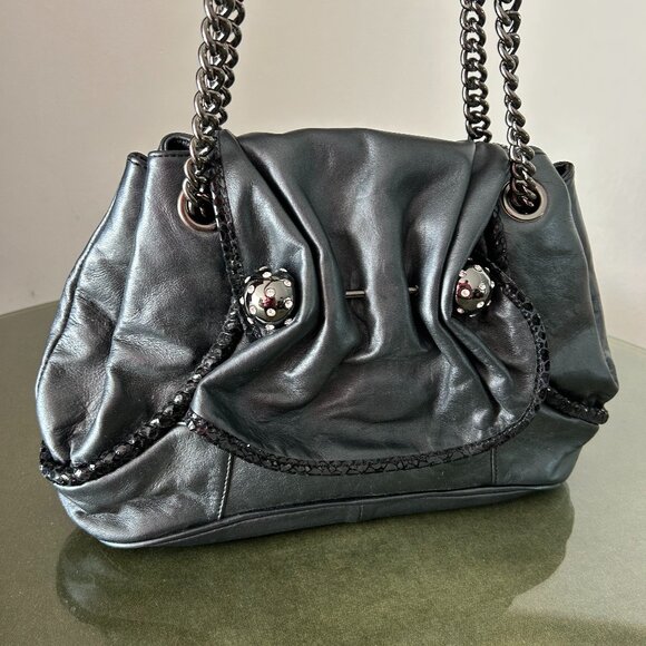 Betsey Johnson NWOT Vintage Piereced Black Leather Shoulder Bag - Picture 2 of 5